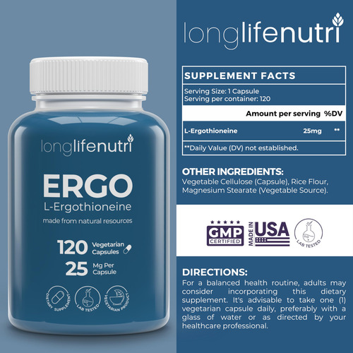 Suplemento Longlifenutri L-ergotioneína 25 Mg 120 Cápsulas - Imagem 2