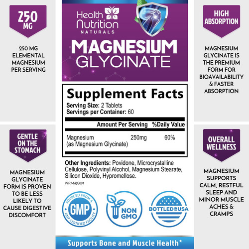 Suplemento Health Nutrition Naturals Magnésio Glicinato 250 - Imagem 2