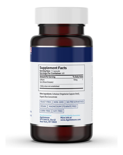 Suplemento De Orotato De Lítio Ageimmune 10 Mg, 60 Cápsulas - Imagem 2