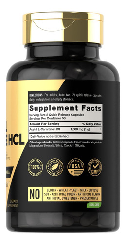 Cápsulas De Carlyle Acetil L-carnitina Hcl | 1000mg | 100 Co - Imagem 2