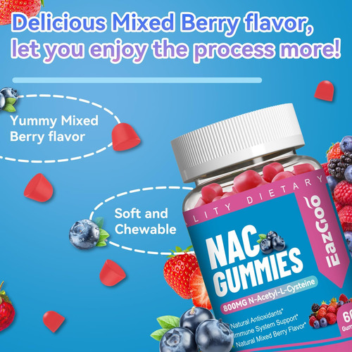 Eazgoo Nac Gummies 800mg, Suplemento De N-acetil Cisteína, S - Imagem 5