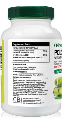 Cbi Policosanol Natural 40mg Com Coq10 30mg, 120 Cápsulas Ve