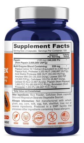 Nusapure Papaya Papain Enzyme Complex 240.000 Pu - 200 Cápsu - Imagem 2