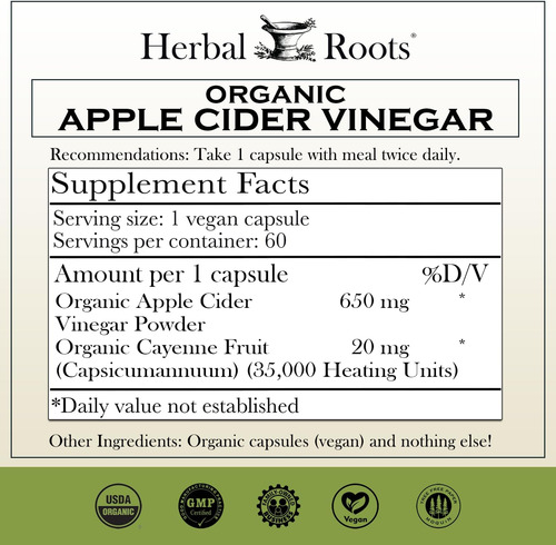 Cápsulas De Vinagre De Cidra Orgânico Herbal Roots Com Mãe E - Imagem 2