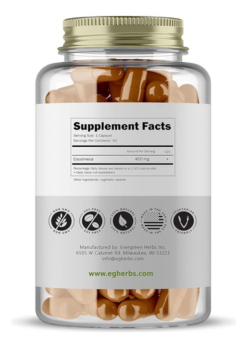 Cápsulas Evergreen Herbs Cocolmeca - 450 Mg. - 90 Cápsulas -