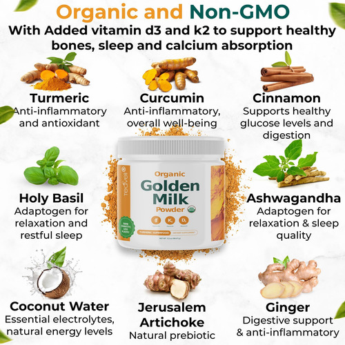 Leite Em Pó Dourado Orgânico Com Vitaminas D3 E K2, Cúrcuma, - Imagem 2