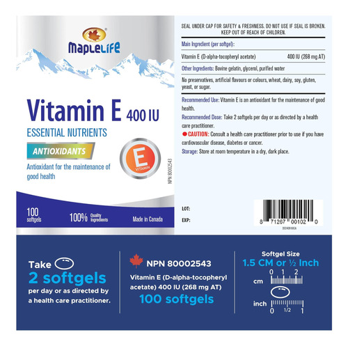 Maplelife Nutrition Vitamin E 400iu Natural 100 Softgels - Imagem 8