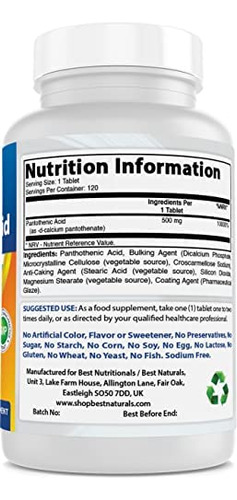 Best Naturals Ácido Pantotênico 500 Mg 120 Comprimidos - Imagem 2