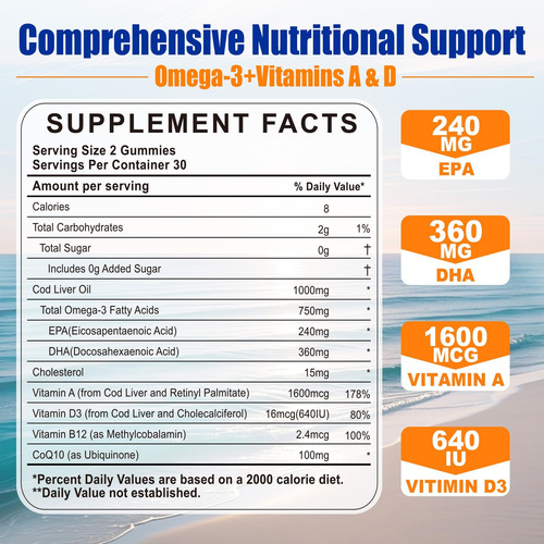 Óleo De Fígado De Bacalhau 1000mg Gummies Vitamina A D3 B12, - Imagem 2