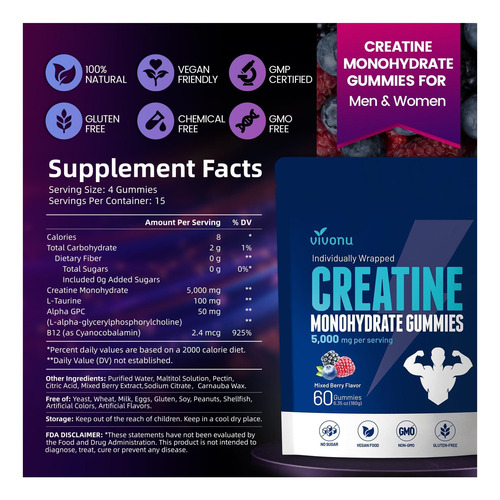 Gomas De Creatina 5000 Mg De Creatina Monohidratada Por | - Imagem 7