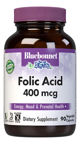 Ácido Fólico Bluebonnet 400 Mcg, Vegano E Sem Glúten, 90