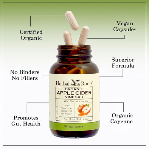 Cápsulas De Vinagre De Cidra Orgânico Herbal Roots Com Mãe E - Imagem 3