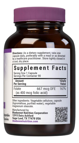 Ácido Fólico Bluebonnet 400 Mcg, Vegano E Sem Glúten, 90 - Imagem 3