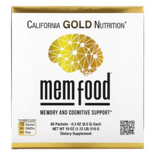 California Gold Nutrition MEM Food Reforço à Memória e Cognição com Mistura MEM L-serina Juba-de-Leão Orgânico e Suco de Mirtilo em Pó 60 Embalagens 85 g (03 oz) Cada