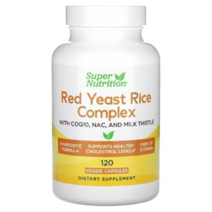Super Nutrition, Complexo de Arroz com Levedura Vermelha e Arroz com levedura de Arroz Vermelho Orgânico, Acetilcisteína, Coenzima Q10 e Extrato de Cardo-mariano, 120 Cápsulas Vegetais