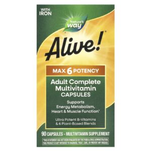 Natures Way Alive!® Max 6 Potency Multivitamínico Completo para Adultos Com Ferro 90 Cápsulas