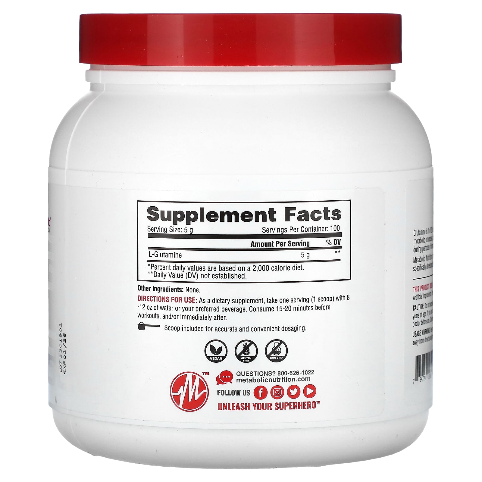 Metabolic Nutrition L-Glutamina Sem Sabor 500 g (1764 oz) - Imagem 2