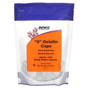NOW Foods "3" Cápsulas de Gelatina Tamanho Extra Pequeno Aprox. 1.000 Cápsulas de Gelatina Vazias
