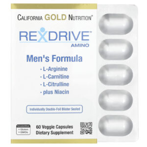California Gold Nutrition, Amino Rexdrive™ com Cloridrato de L-Arginina, L-Citrulina, Dicloridrato de Arginato de Acetil L-Carnitina e Cloridrato de Glicina Propionil-L-Carnitina, Fórmula para Homens, 60 Cápsulas Vegetais