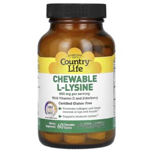 Country Life, L-Lisina Mastigável com Vitamina D e Sabugueiro, Toque de Laranja Picante, 60 Comprimidos Mastigáveis