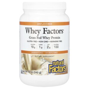 Natural Factors Fatores de Whey Proteína Whey Alimentada com Grama Sem Sabor 340 g (12 oz)