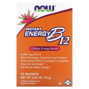 NOW Foods Energia Instantânea B12 2.000 mcg 75 Pacotes 1 g (0035 oz) Cada