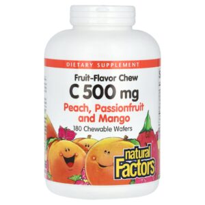 Natural Factors Sabor de Frutas Vitamina C Pêssego Maracujá e Manga 500 mg 180 Bolachas Mastigáveis