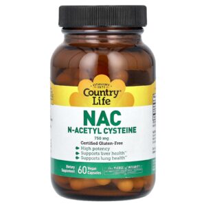 Country Life, NAC, Acetilcisteína, 750 mg, 60 Cápsulas Veganas