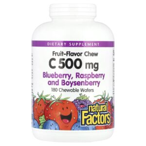 Natural Factors Sabor de Frutas e Vitamina C Mirtilo Framboesa e Boysenberry 500 mg 180 Bolachas Mastigáveis