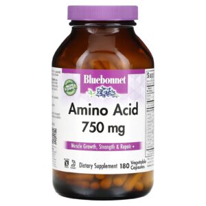 Bluebonnet Nutrition, Cápsulas de Aminoácido, 750 mg, 180 Cápsulas Vegetais