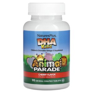 NaturesPlus Source of Life DHA para Crianças Desfile de Animais Mastigável para Crianças Sabor Natural de Cereja 90 Comprimidos em Forma de Animal