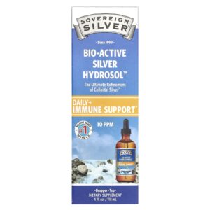 Sovereign Silver Bio-Active Silver Hydrosol ™ com Conta-gotas Suporte Diário + Imunológico 10 PPM 118 ml (4 fl oz)