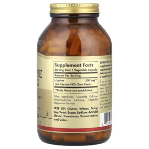 Solgar L-lisina Forma Livre 500 mg 250 Cápsulas Vegetais