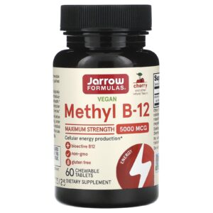 Jarrow Formulas Metil B-12 Vegano Potência Máxima Cereja 5.000 mcg 60 Comprimidos Mastigáveis