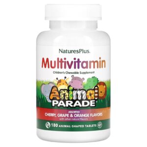 NaturesPlus Animal Parade Suplemento Multivitamínico Mastigável para Crianças Cereja Uva e Laranja 180 Comprimidos em Forma de Animal