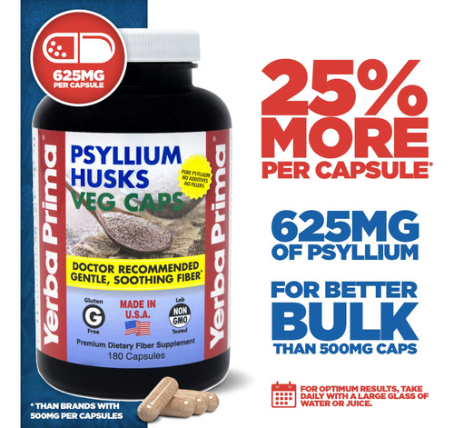 Suplemento Yerba Prima Fiber Psyllium Husks 180 Cápsulas Veg - Imagem 3