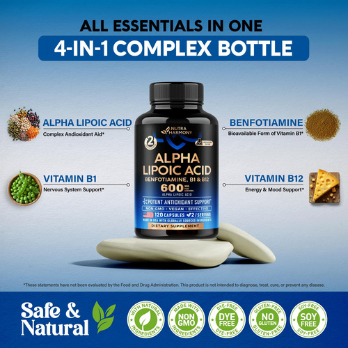 Suplemento Nutraharmony Ácido Alfa Lipóico 600mg 120 Cápsula - Imagem 3