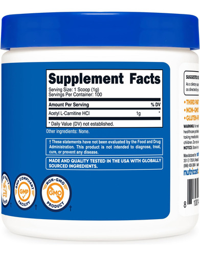 Nutricost Acetil L-carnitina Hci (alcar) 100 Gramas Por Reci - Imagem 11