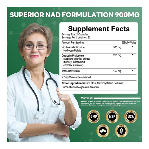 Nad+ Suplemento, Nad Nicotinamida Ribosídeo 900mg Para E De - Imagem 2