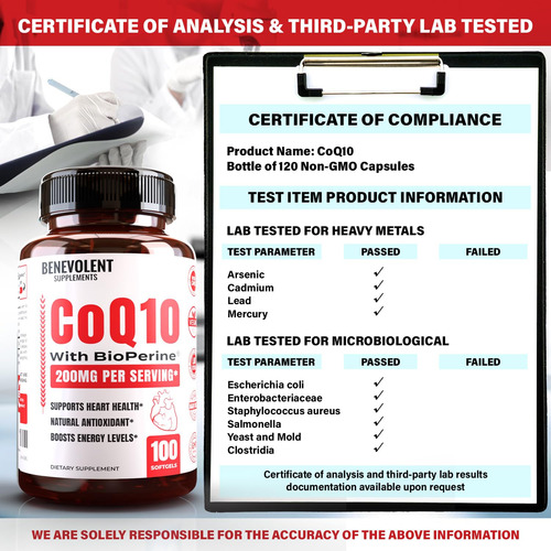 Suplemento De Coenzima Q10 Nutrição Benevolente 200 Mg 100 S - Imagem 8