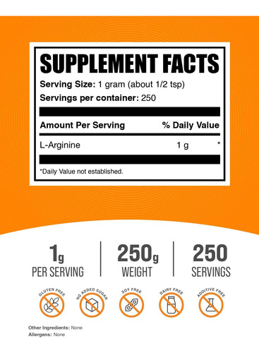 Suplemento Bulksupplements.com L-arginina Em Pó 250g - Imagem 2