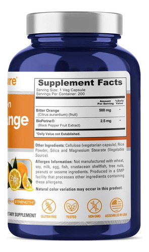 Nusapure Laranja Amarga 500mg 200 Cápsulas Vegetarianas (veg - Imagem 2