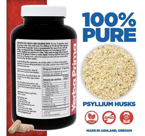 Suplemento Yerba Prima Fiber Psyllium Husks 180 Cápsulas Veg - Imagem 2