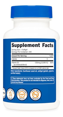 Vitamina D3 Nutricost 5.000 Ui 240 Cápsulas Gelatinosas - - Imagem 11