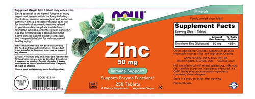 Gluconato De Zinco Now Foods Now 50 Mg, 250 Comprimidos - Imagem 3