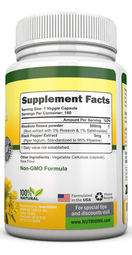 Suplemento Nutrionn Rhodiola Rosea 500mg 180 Cápsulas Vegana - Imagem 4