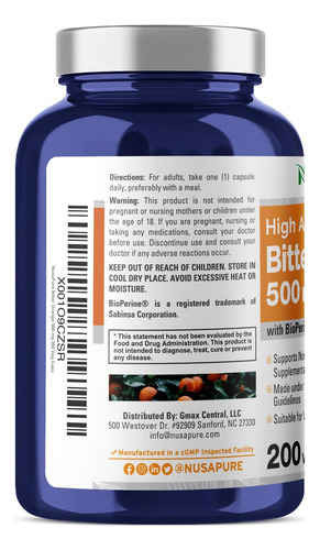 Nusapure Laranja Amarga 500mg 200 Cápsulas Vegetarianas (veg - Imagem 3
