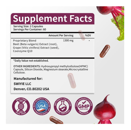 Cápsulas De Raiz De Beterraba Swiyie 120 Pcs, Suplementos De - Imagem 2