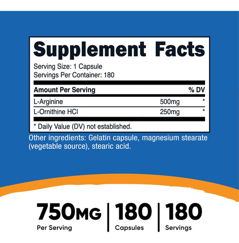 Suplemento Nutricost L-arginina L-ornitina 750 Mg 180 Cápsul - Imagem 2