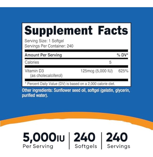 Vitamina D3 Nutricost 5.000 Ui 240 Cápsulas Gelatinosas - - Imagem 2